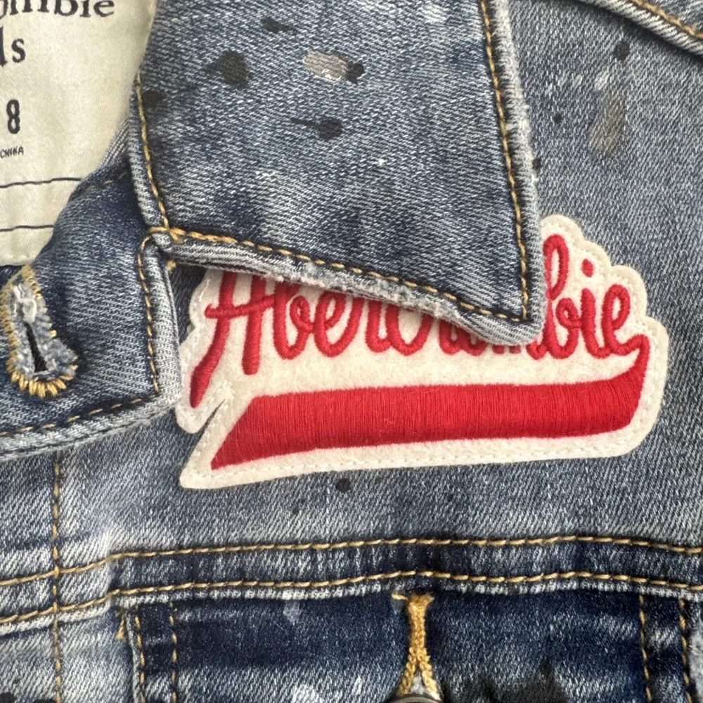 Abercrombie Kids Denim Jacket Size 7/8‎ Blue Paint Splatter Moose Back Graphic